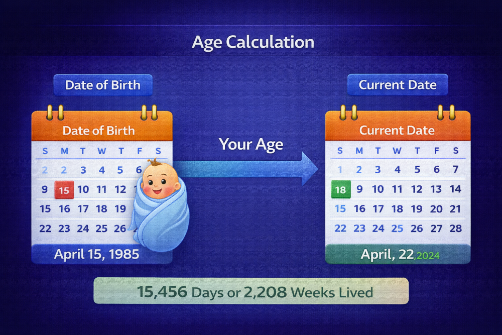 Calendar timeline illustration for age calculation from birth to current or custom date